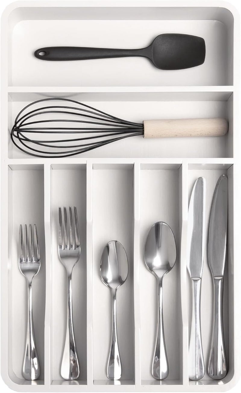 KitchenEdge Silverware Organizer - Cutlery, Flatware, and Utensil Holder for Kitchen Drawers, Fixed 10.5” Width, 7 Storage Compartments, Non-Slip Feet, Rounded Corners, 100% Bamboo, White Finish - Image 1